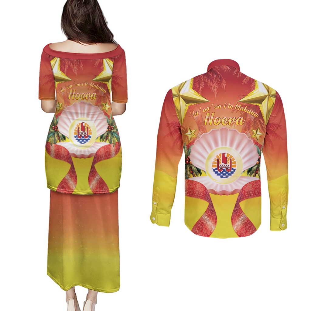 French Polynesia Christmas Couples Matching Puletasi and Long Sleeve Button Shirt Seashell Santa Beach Vibes - Polynesian Pride