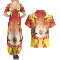 French Polynesia Christmas Couples Matching Summer Maxi Dress and Hawaiian Shirt Seashell Santa Beach Vibes - Polynesian Pride