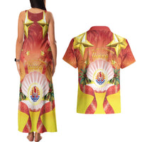 French Polynesia Christmas Couples Matching Tank Maxi Dress and Hawaiian Shirt Seashell Santa Beach Vibes - Polynesian Pride