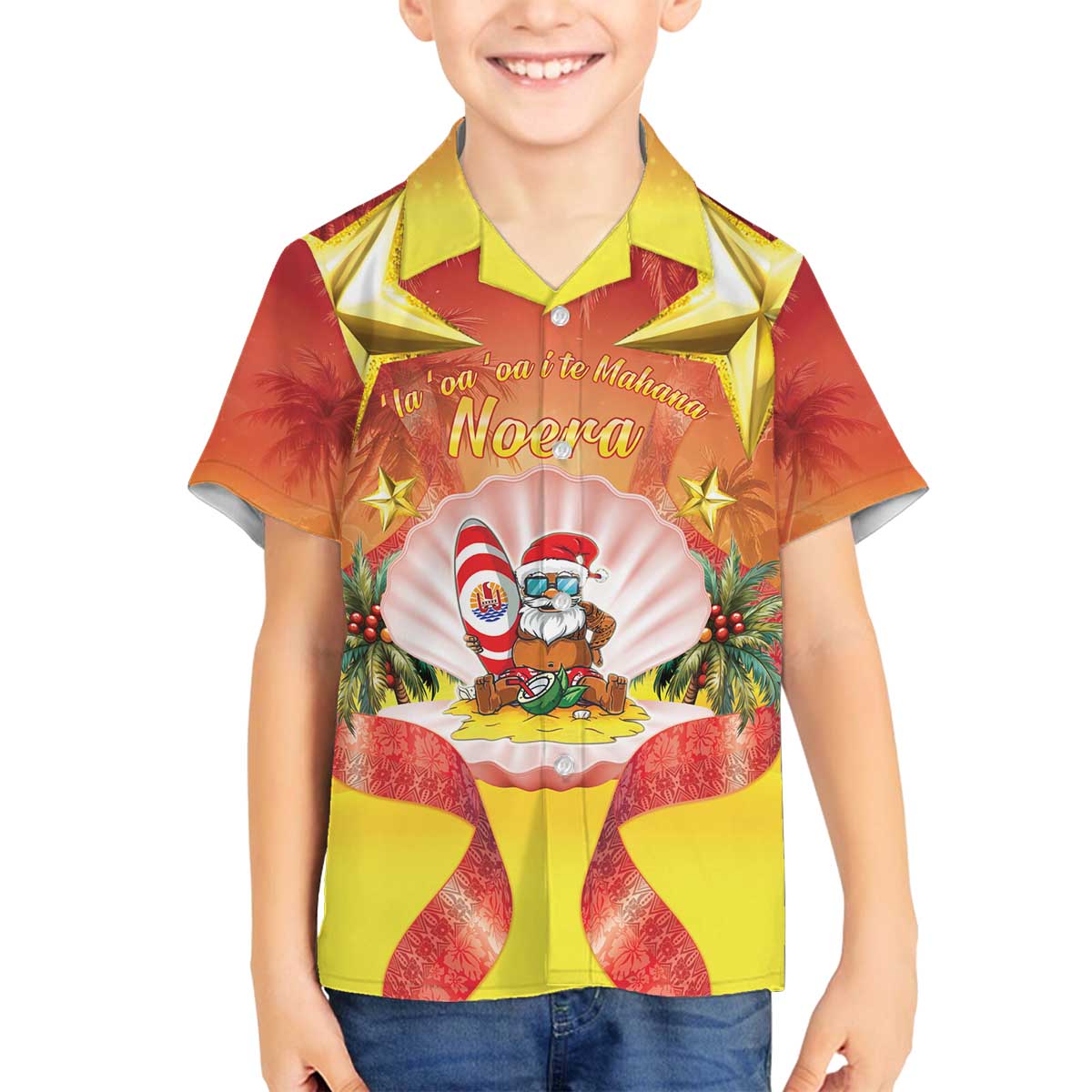 French Polynesia Christmas Family Matching Off The Shoulder Long Sleeve Dress and Hawaiian Shirt Seashell Santa Beach Vibes - Polynesian Pride