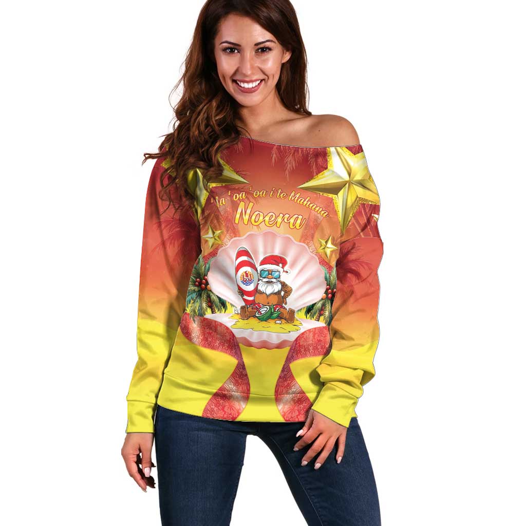 French Polynesia Christmas Off Shoulder Sweater Seashell Santa Beach Vibes - Polynesian Pride