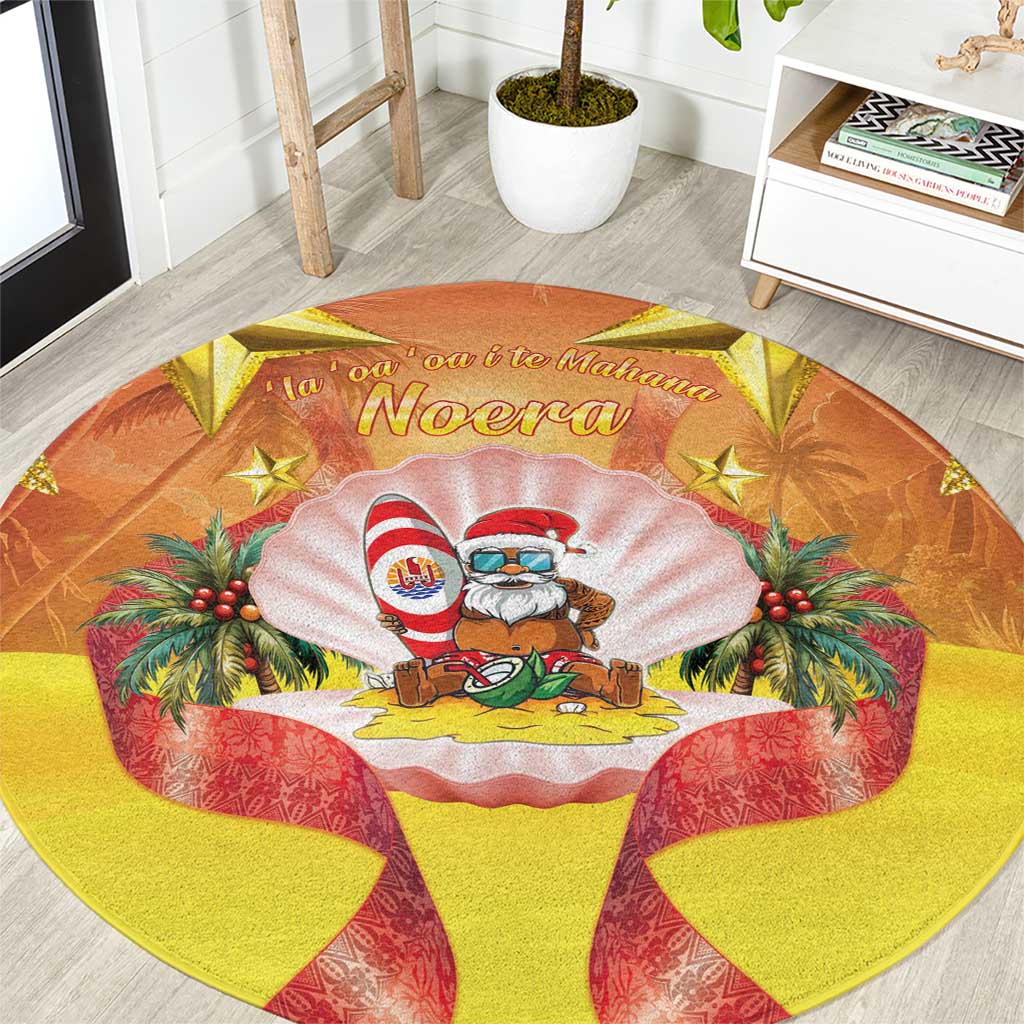 French Polynesia Christmas Round Carpet Seashell Santa Beach Vibes - Polynesian Pride