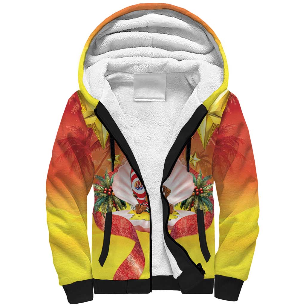 French Polynesia Christmas Sherpa Hoodie Seashell Santa Beach Vibes - Polynesian Pride