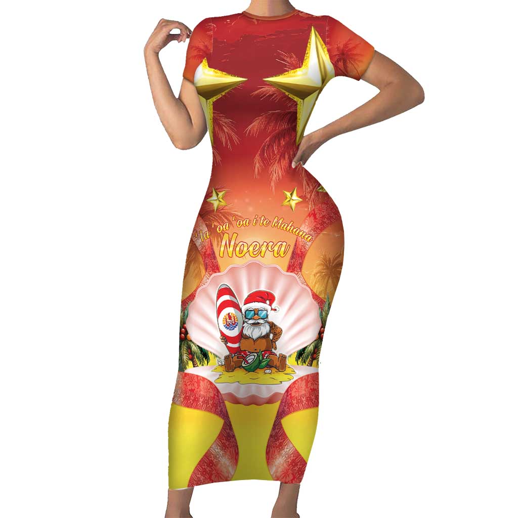 French Polynesia Christmas Short Sleeve Bodycon Dress Seashell Santa Beach Vibes - Polynesian Pride