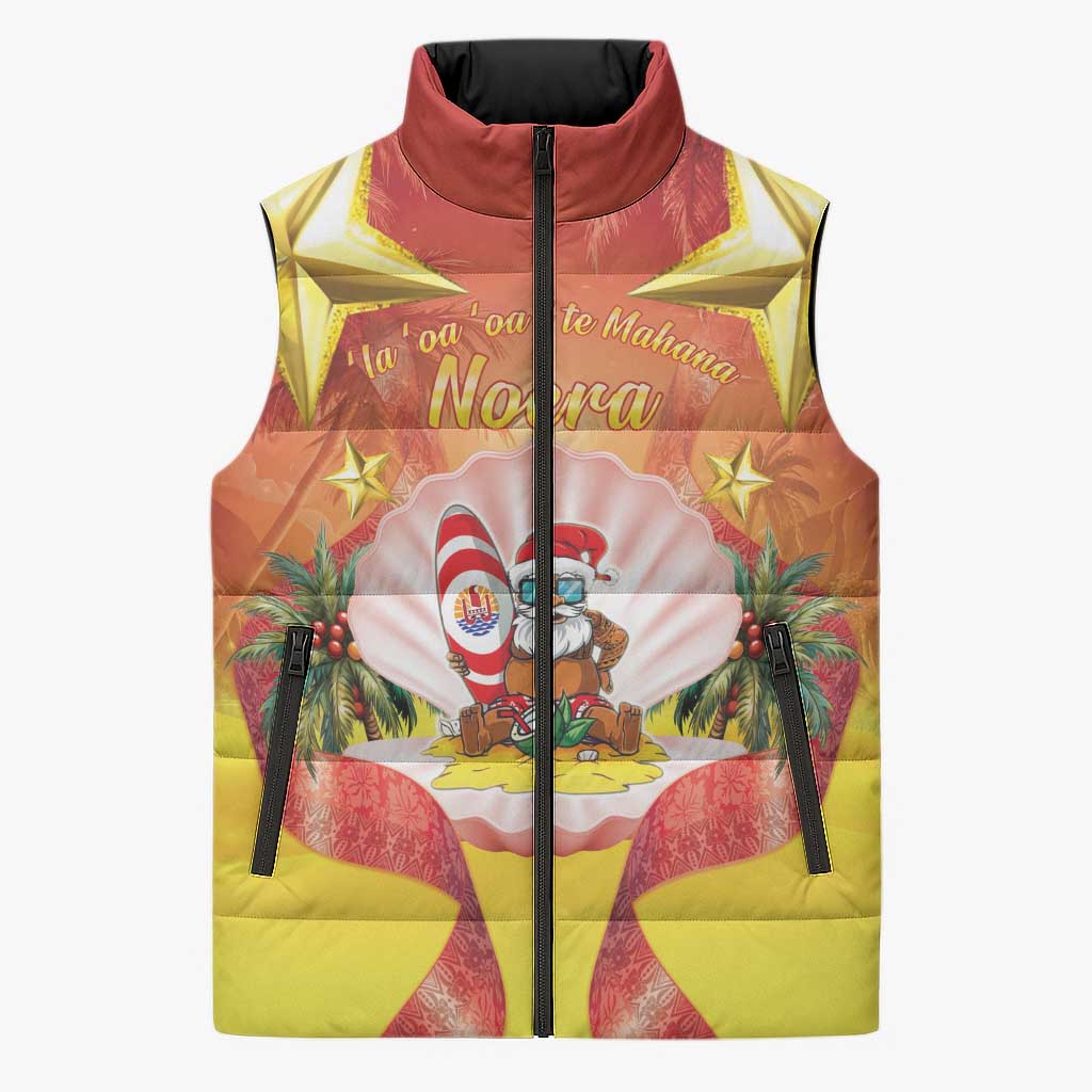 French Polynesia Christmas Sleeveless Puffer Jacket Seashell Santa Beach Vibes - Polynesian Pride