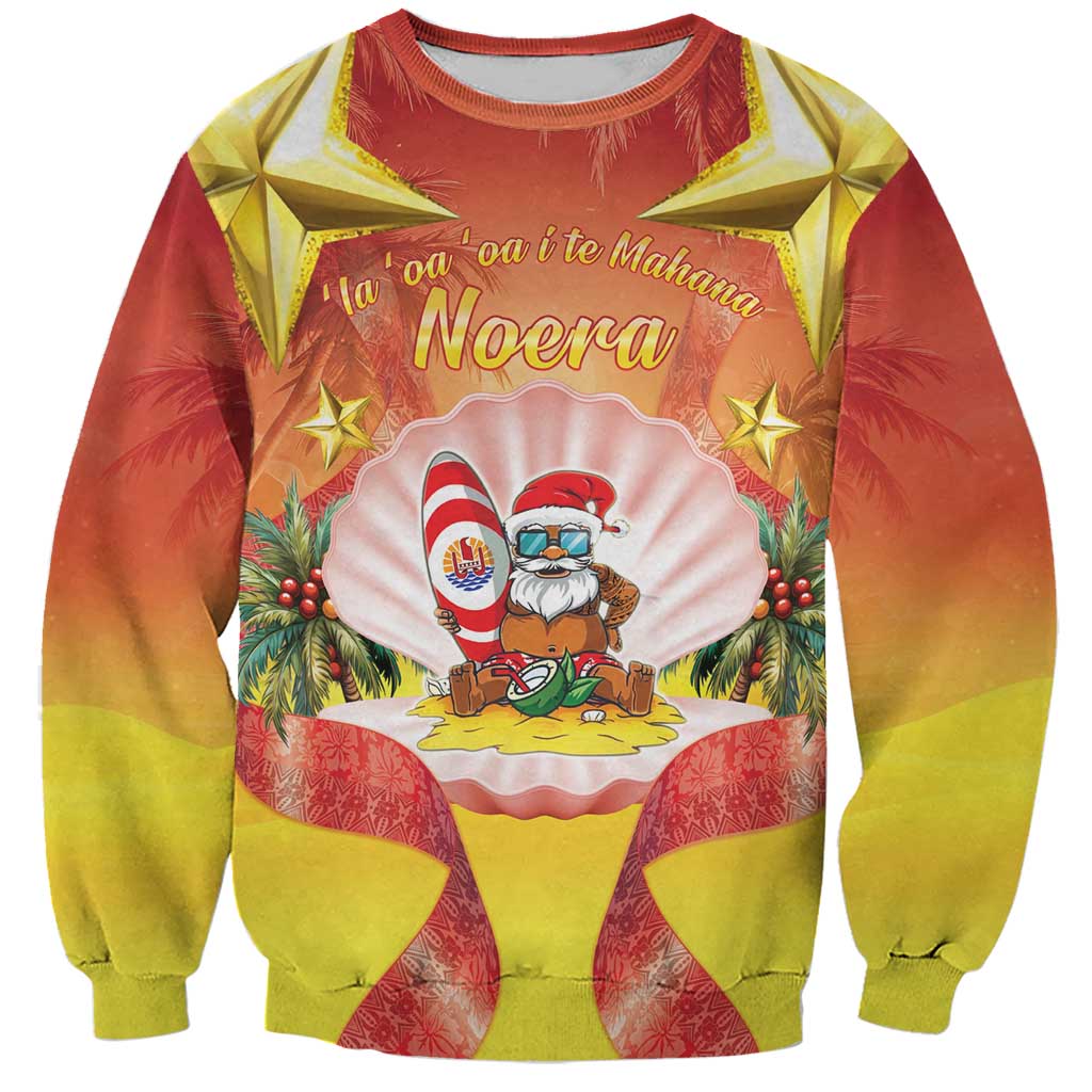French Polynesia Christmas Sweatshirt Seashell Santa Beach Vibes - Polynesian Pride