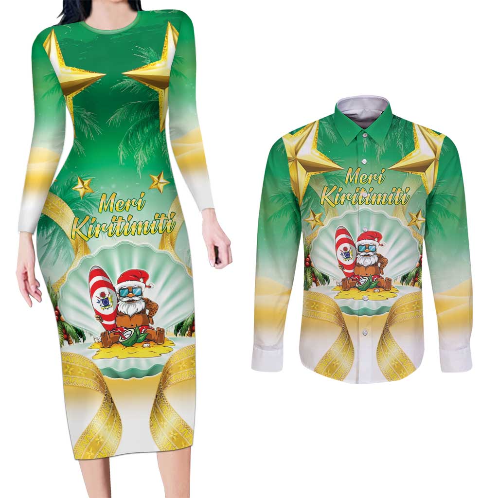 Cook Islands Christmas Couples Matching Long Sleeve Bodycon Dress and Long Sleeve Button Shirt Seashell Santa Beach Vibes - Polynesian Pride