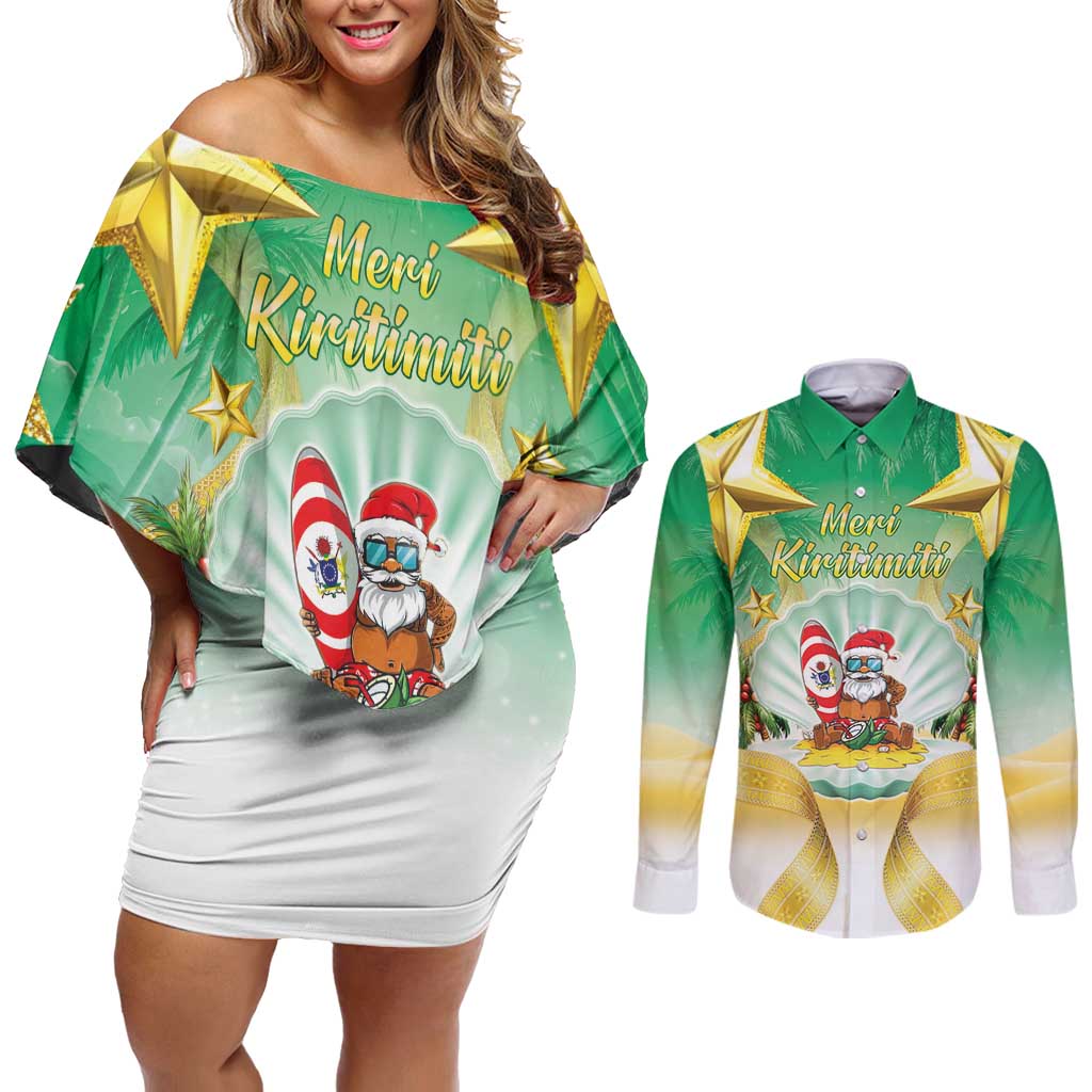 Cook Islands Christmas Couples Matching Off Shoulder Short Dress and Long Sleeve Button Shirt Seashell Santa Beach Vibes - Polynesian Pride