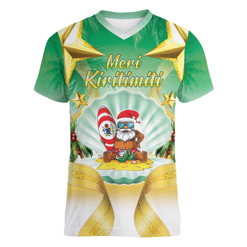 Cook Islands Christmas Women V-Neck T-Shirt Seashell Santa Beach Vibes - Polynesian Pride
