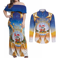 Marshall Islands Christmas Couples Matching Off Shoulder Maxi Dress and Long Sleeve Button Shirt Seashell Santa Beach Vibes LT05 Navy - Polynesian Pride