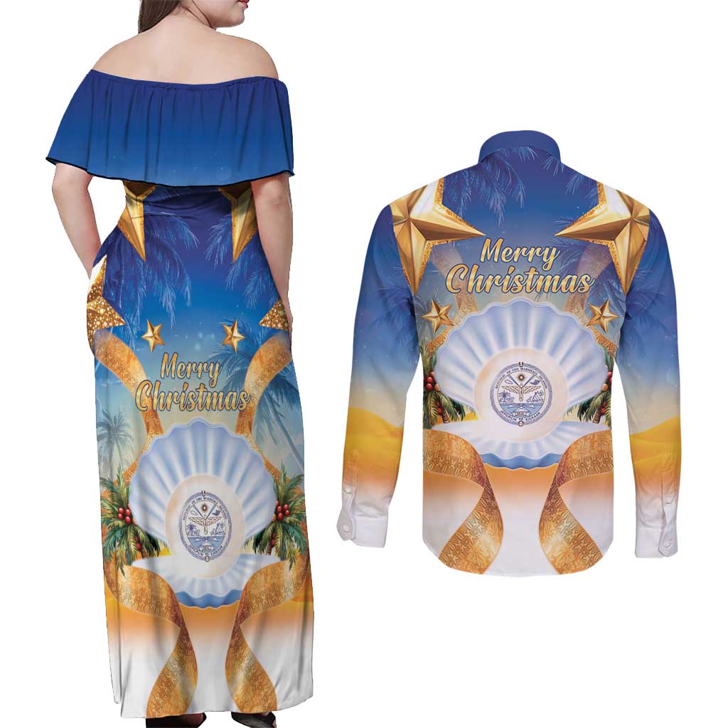 Marshall Islands Christmas Couples Matching Off Shoulder Maxi Dress and Long Sleeve Button Shirt Seashell Santa Beach Vibes LT05 - Polynesian Pride