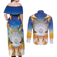 Marshall Islands Christmas Couples Matching Off Shoulder Maxi Dress and Long Sleeve Button Shirt Seashell Santa Beach Vibes LT05 - Polynesian Pride