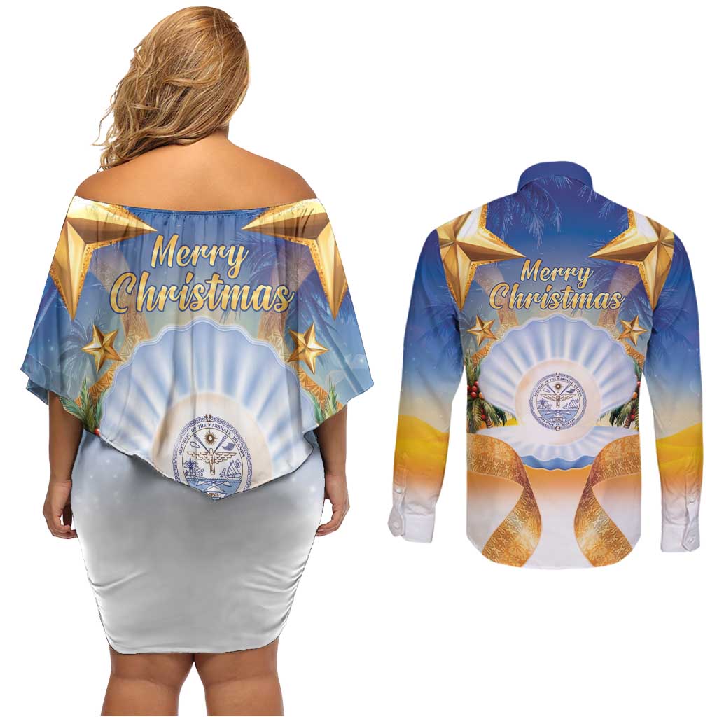 Marshall Islands Christmas Couples Matching Off Shoulder Short Dress and Long Sleeve Button Shirt Seashell Santa Beach Vibes LT05 - Polynesian Pride