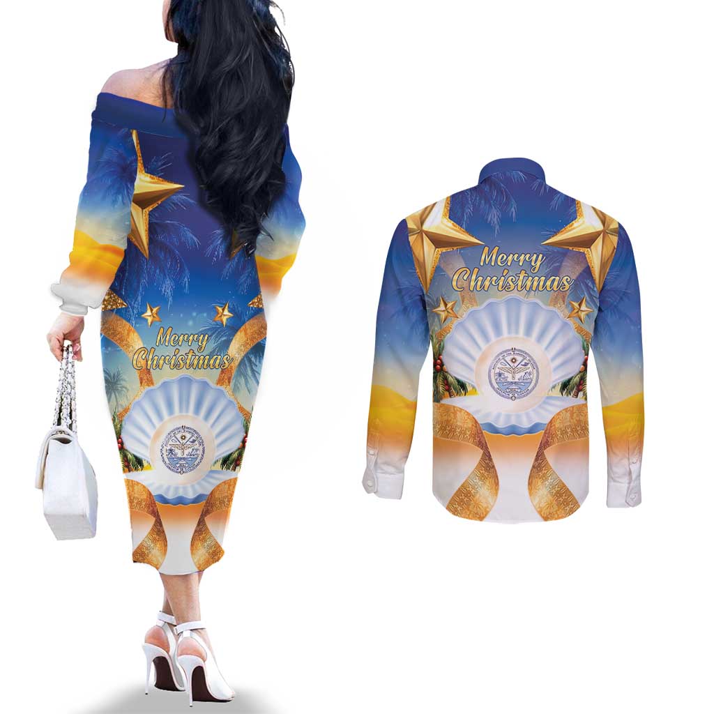 Marshall Islands Christmas Couples Matching Off The Shoulder Long Sleeve Dress and Long Sleeve Button Shirt Seashell Santa Beach Vibes - Polynesian Pride