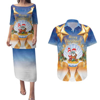 Marshall Islands Christmas Couples Matching Puletasi and Hawaiian Shirt Seashell Santa Beach Vibes LT05 Navy - Polynesian Pride