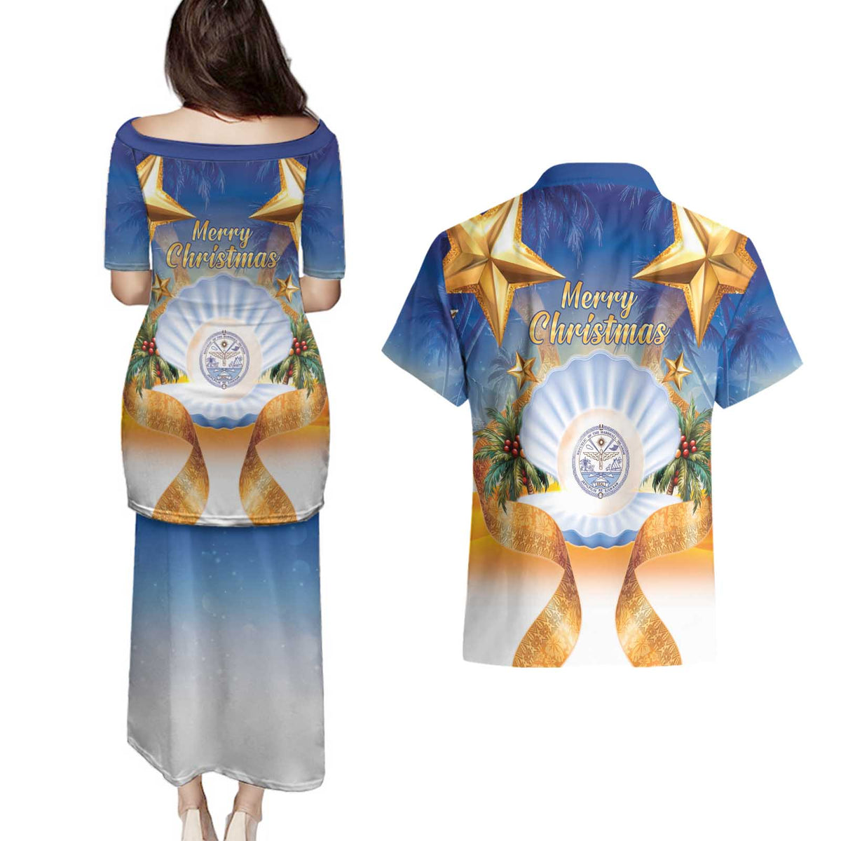 Marshall Islands Christmas Couples Matching Puletasi and Hawaiian Shirt Seashell Santa Beach Vibes LT05 - Polynesian Pride