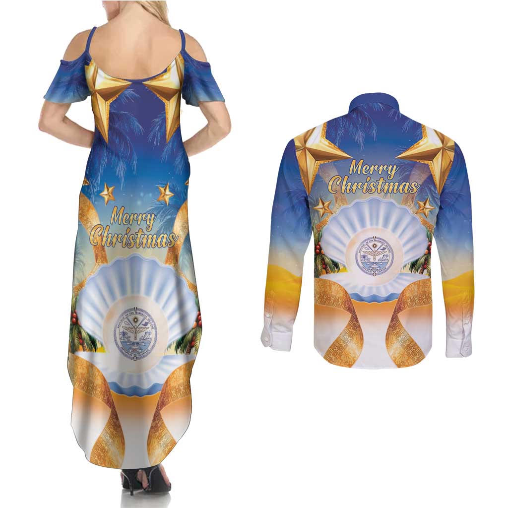 Marshall Islands Christmas Couples Matching Summer Maxi Dress and Long Sleeve Button Shirt Seashell Santa Beach Vibes - Polynesian Pride