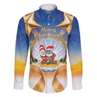 Marshall Islands Christmas Family Matching Mermaid Dress and Hawaiian Shirt Seashell Santa Beach Vibes LT05 Dad's Shirt - Long Sleeve Navy - Polynesian Pride