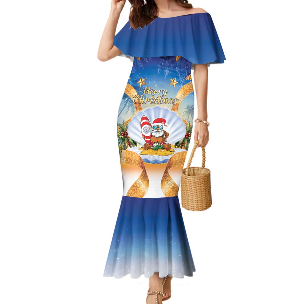 Marshall Islands Christmas Family Matching Mermaid Dress and Hawaiian Shirt Seashell Santa Beach Vibes LT05 Mom's Dress Navy - Polynesian Pride