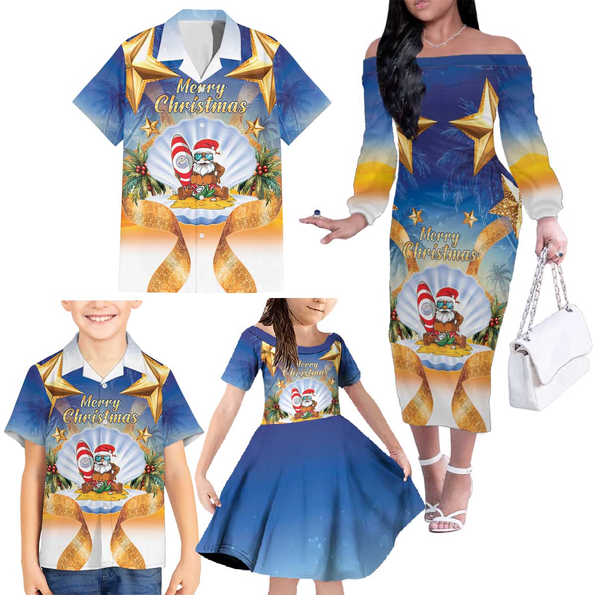 Marshall Islands Christmas Family Matching Off The Shoulder Long Sleeve Dress and Hawaiian Shirt Seashell Santa Beach Vibes LT05 - Polynesian Pride