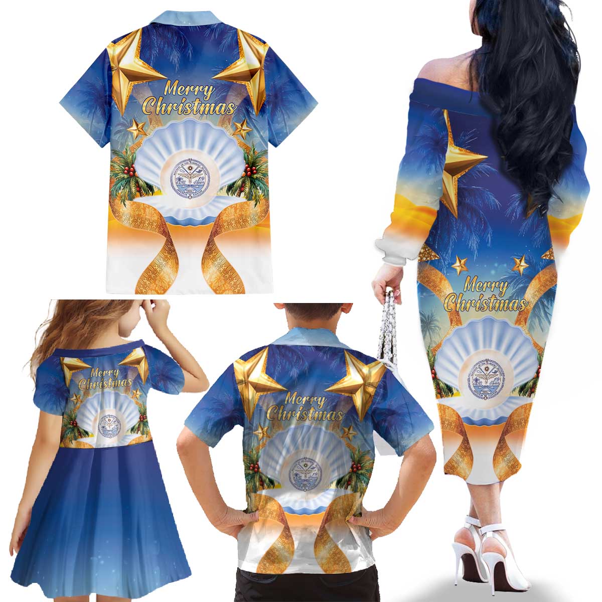 Marshall Islands Christmas Family Matching Off The Shoulder Long Sleeve Dress and Hawaiian Shirt Seashell Santa Beach Vibes LT05 - Polynesian Pride