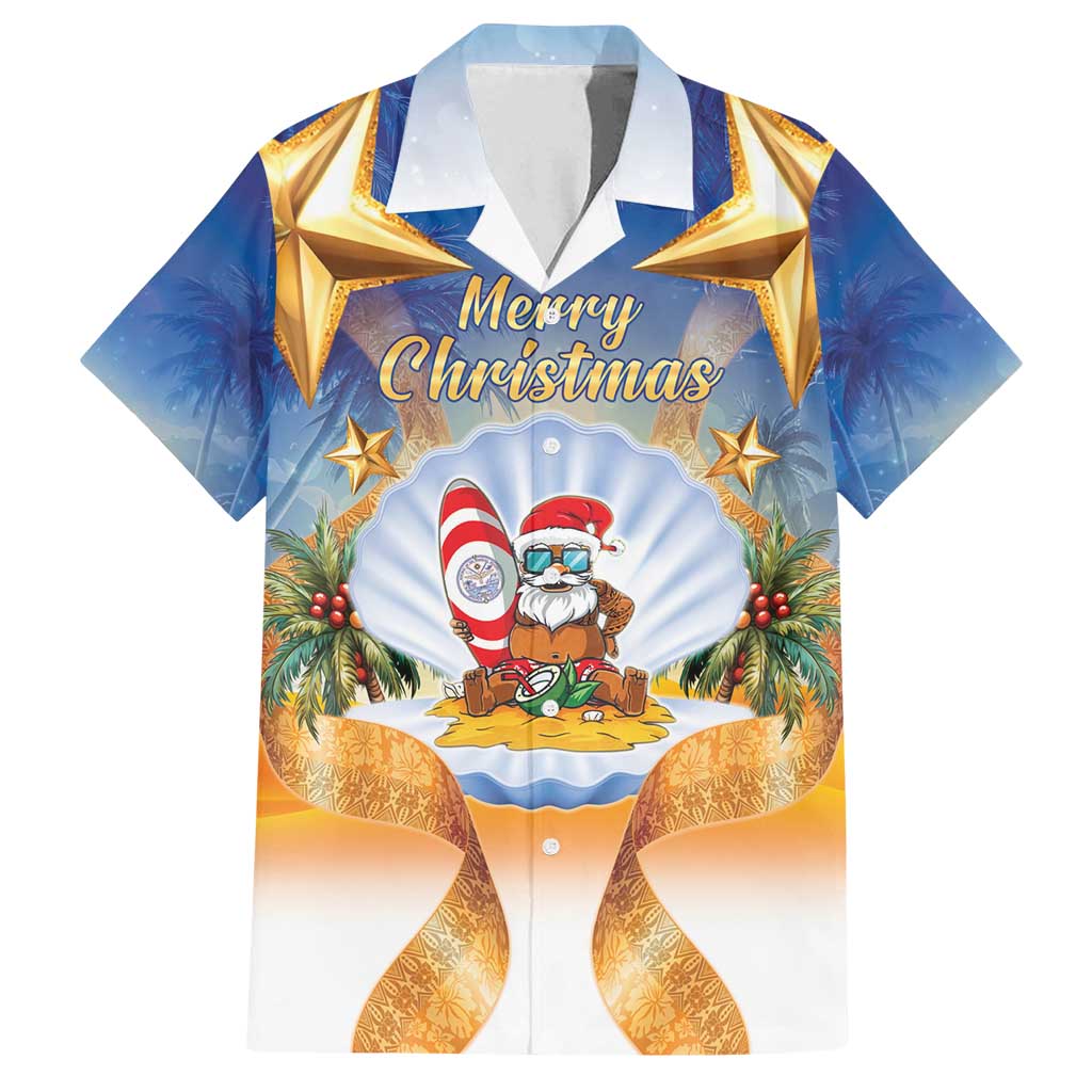 Marshall Islands Christmas Family Matching Off Shoulder Short Dress and Hawaiian Shirt Seashell Santa Beach Vibes LT05 Dad's Shirt - Short Sleeve Navy - Polynesian Pride