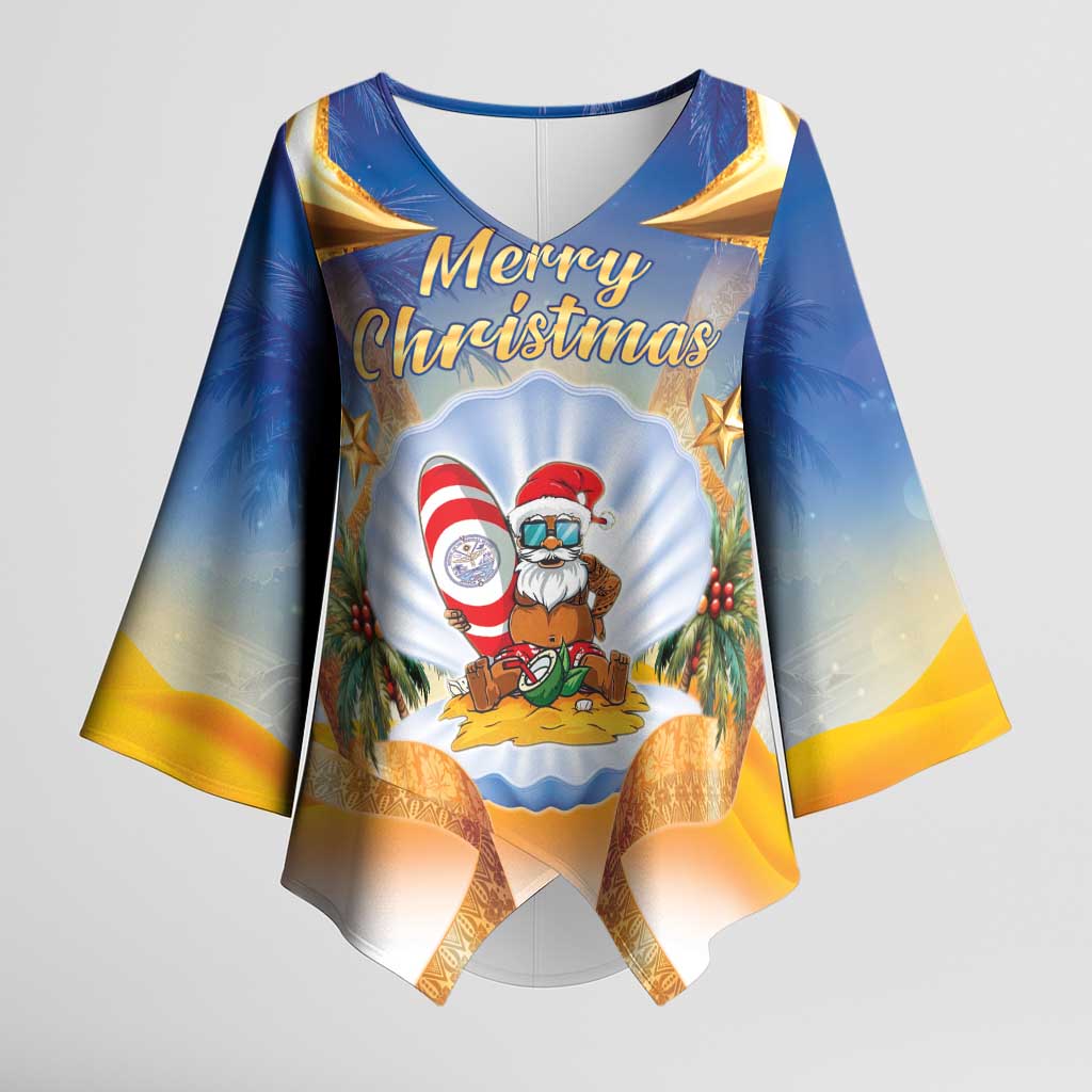 Marshall Islands Christmas Kimono Sleeve Blouse Seashell Santa Beach Vibes LT05 Female Navy - Polynesian Pride