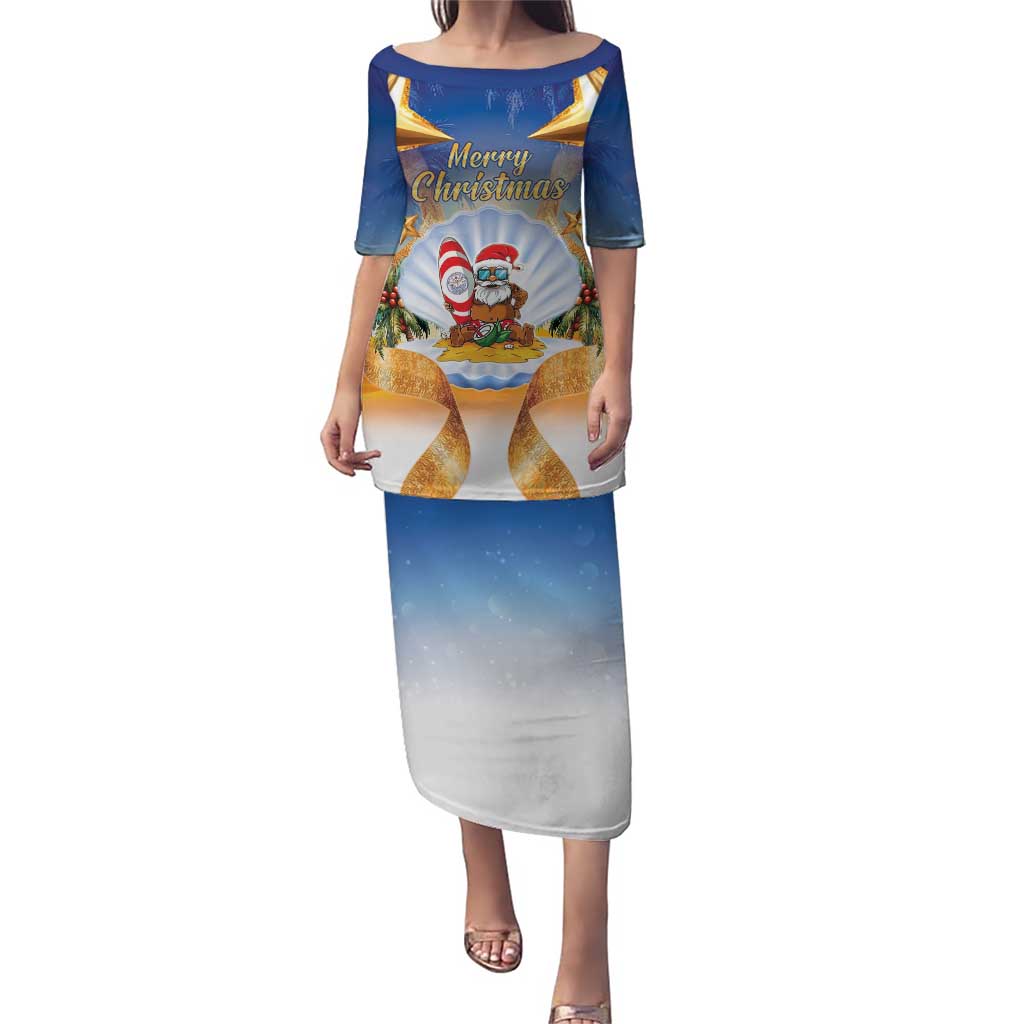 Marshall Islands Christmas Puletasi Seashell Santa Beach Vibes LT05 Long Dress Navy - Polynesian Pride