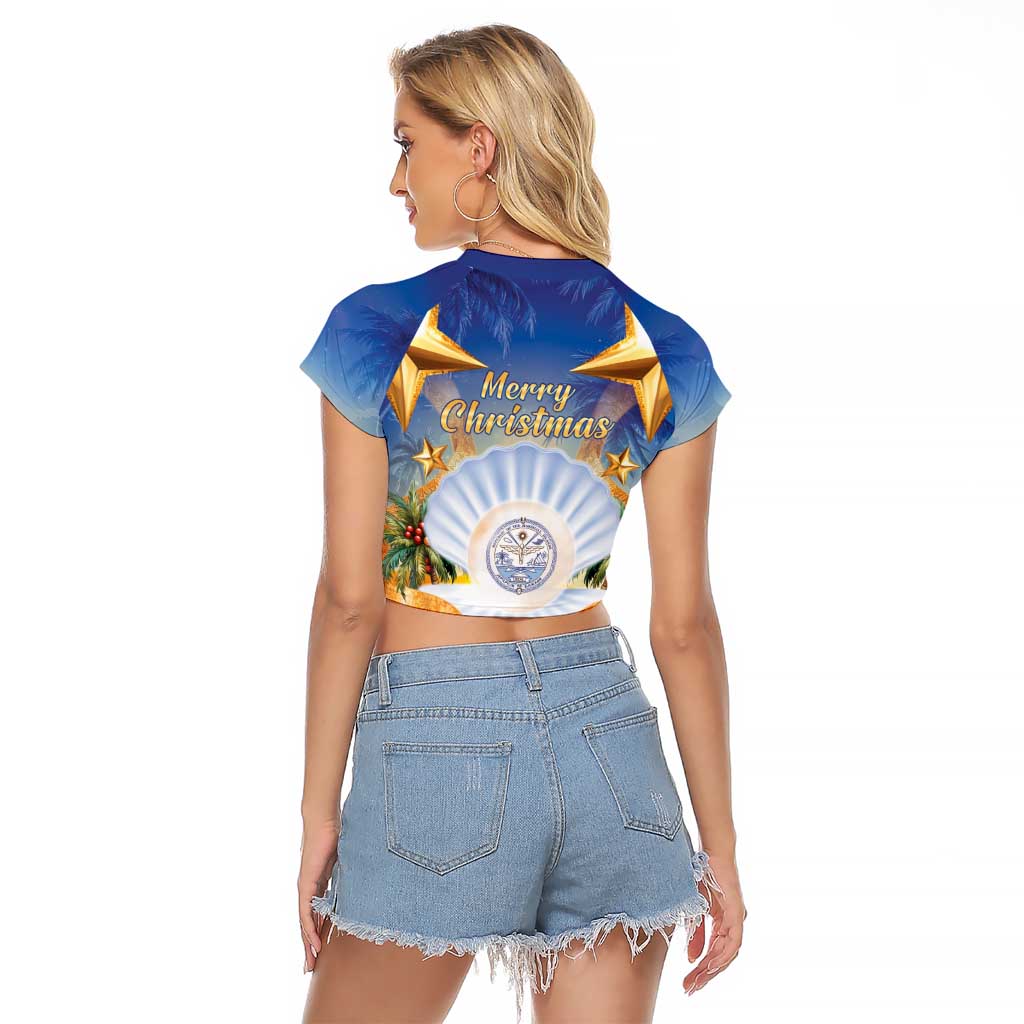 Marshall Islands Christmas Raglan Cropped T Shirt Seashell Santa Beach Vibes LT05 - Polynesian Pride