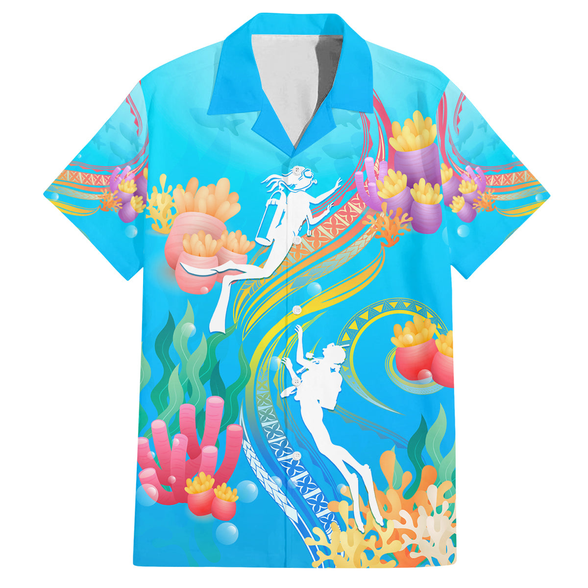 Under The Sea Scuba Diving Family Matching Off Shoulder Maxi Dress and Hawaiian Shirt Polynesian Pattern LT05 Dad's Shirt - Short Sleeve Blue - Polynesian Pride