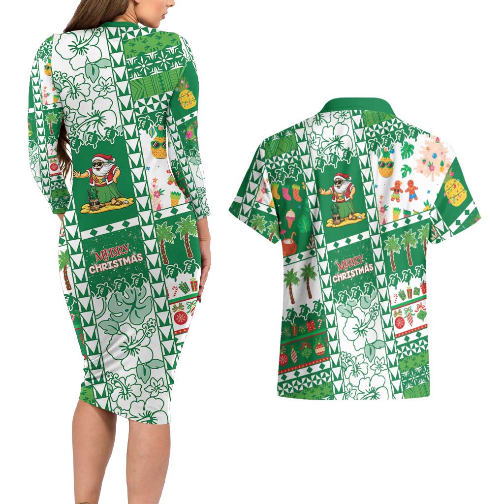 Norfolk Island Christmas Couples Matching Long Sleeve Bodycon Dress and Hawaiian Shirt Festive Beach Vibes - Polynesian Pride