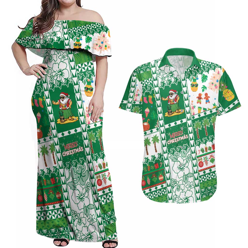 Norfolk Island Christmas Couples Matching Off Shoulder Maxi Dress and Hawaiian Shirt Festive Beach Vibes - Polynesian Pride