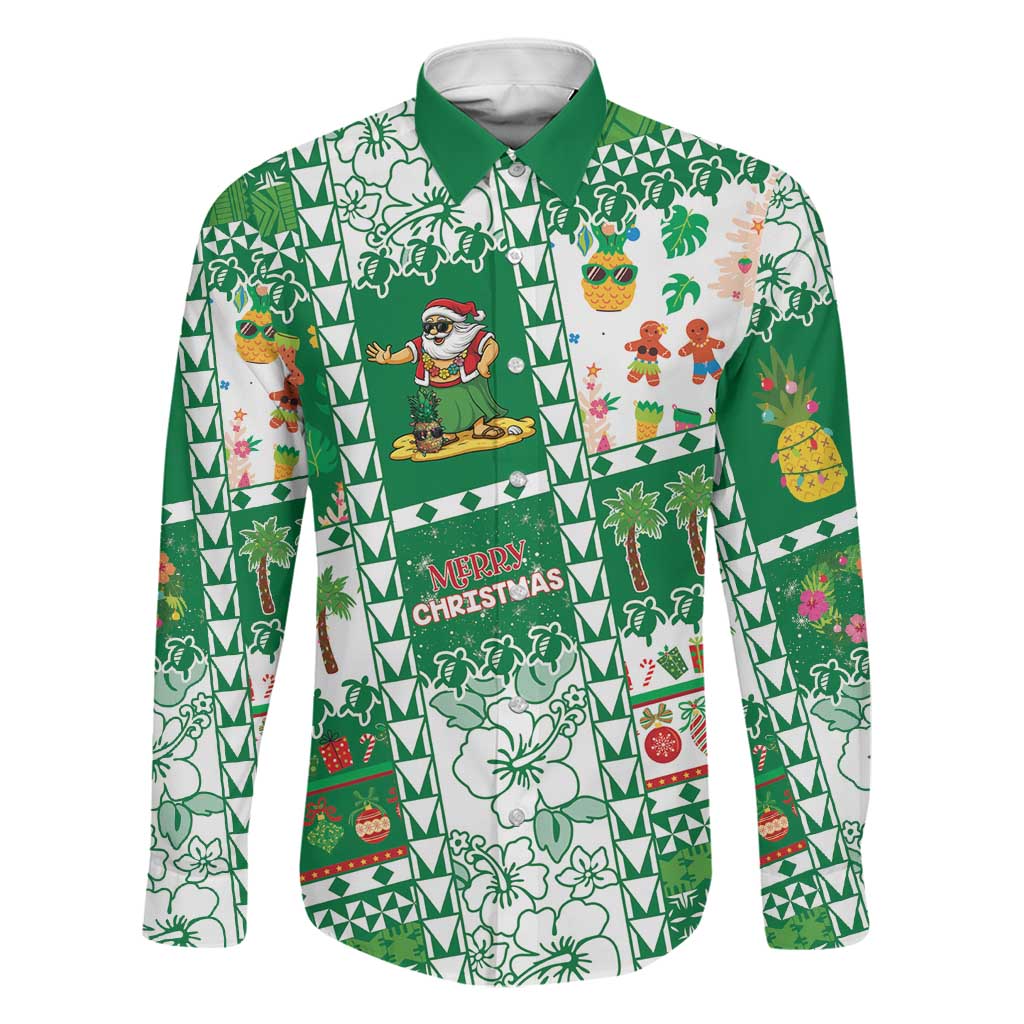 Norfolk Island Christmas Family Matching Off Shoulder Maxi Dress and Hawaiian Shirt Festive Beach Vibes LT05 Dad's Shirt - Long Sleeve Green - Polynesian Pride