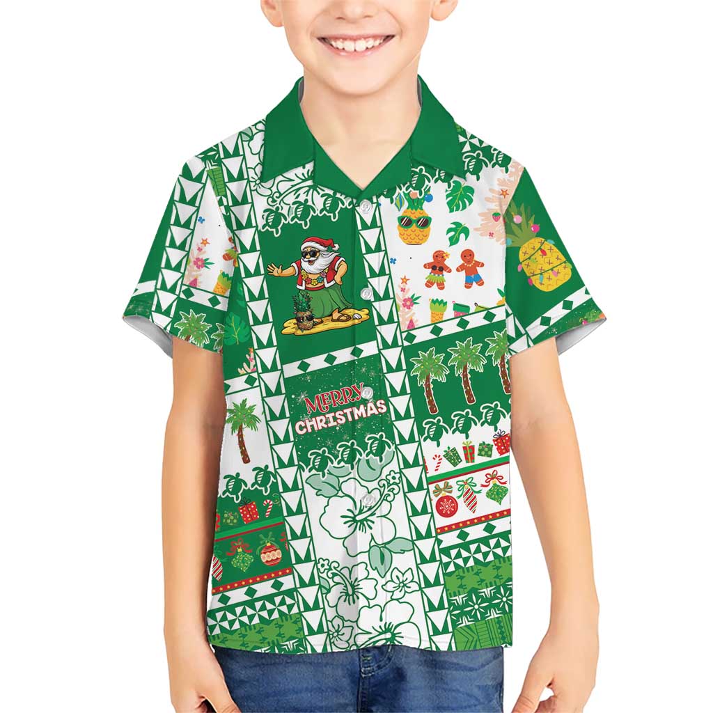 Norfolk Island Christmas Family Matching Off Shoulder Maxi Dress and Hawaiian Shirt Festive Beach Vibes LT05 Son's Shirt Green - Polynesian Pride