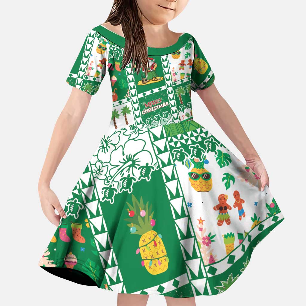 Norfolk Island Christmas Family Matching Puletasi and Hawaiian Shirt Festive Beach Vibes LT05 Daughter's Dress Green - Polynesian Pride