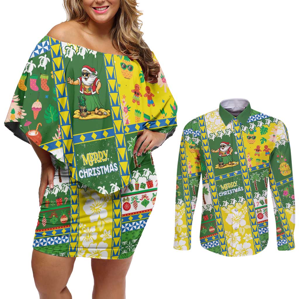 Pitcairn Islands Christmas Couples Matching Off Shoulder Short Dress and Long Sleeve Button Shirt Festive Beach Vibes LT05 Colorful - Polynesian Pride