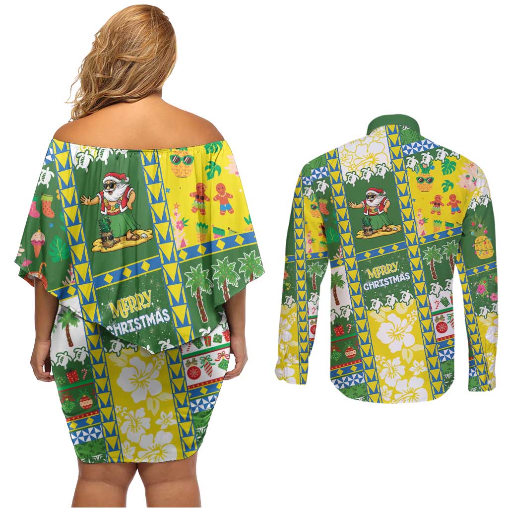 Pitcairn Islands Christmas Couples Matching Off Shoulder Short Dress and Long Sleeve Button Shirt Festive Beach Vibes LT05 - Polynesian Pride