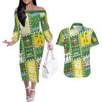 Pitcairn Islands Christmas Couples Matching Off The Shoulder Long Sleeve Dress and Hawaiian Shirt Festive Beach Vibes - Polynesian Pride