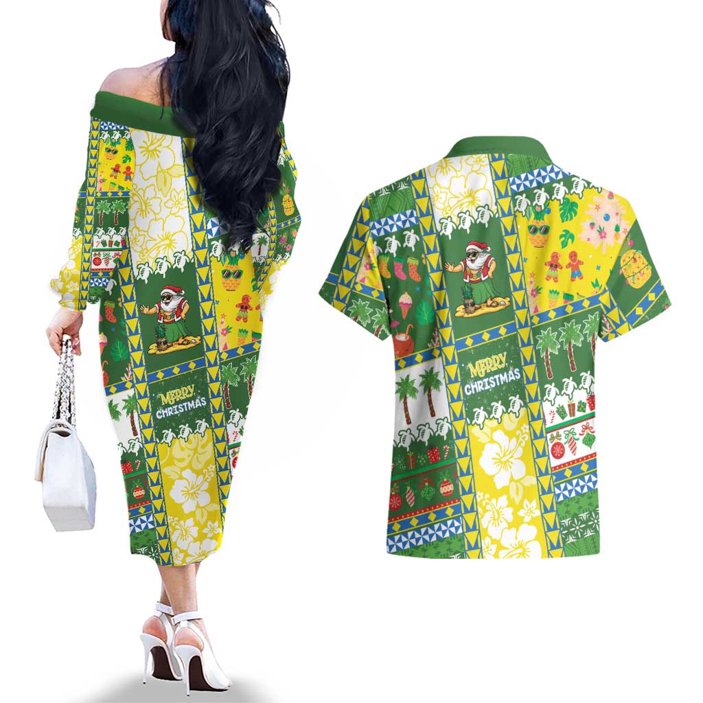 Pitcairn Islands Christmas Couples Matching Off The Shoulder Long Sleeve Dress and Hawaiian Shirt Festive Beach Vibes - Polynesian Pride