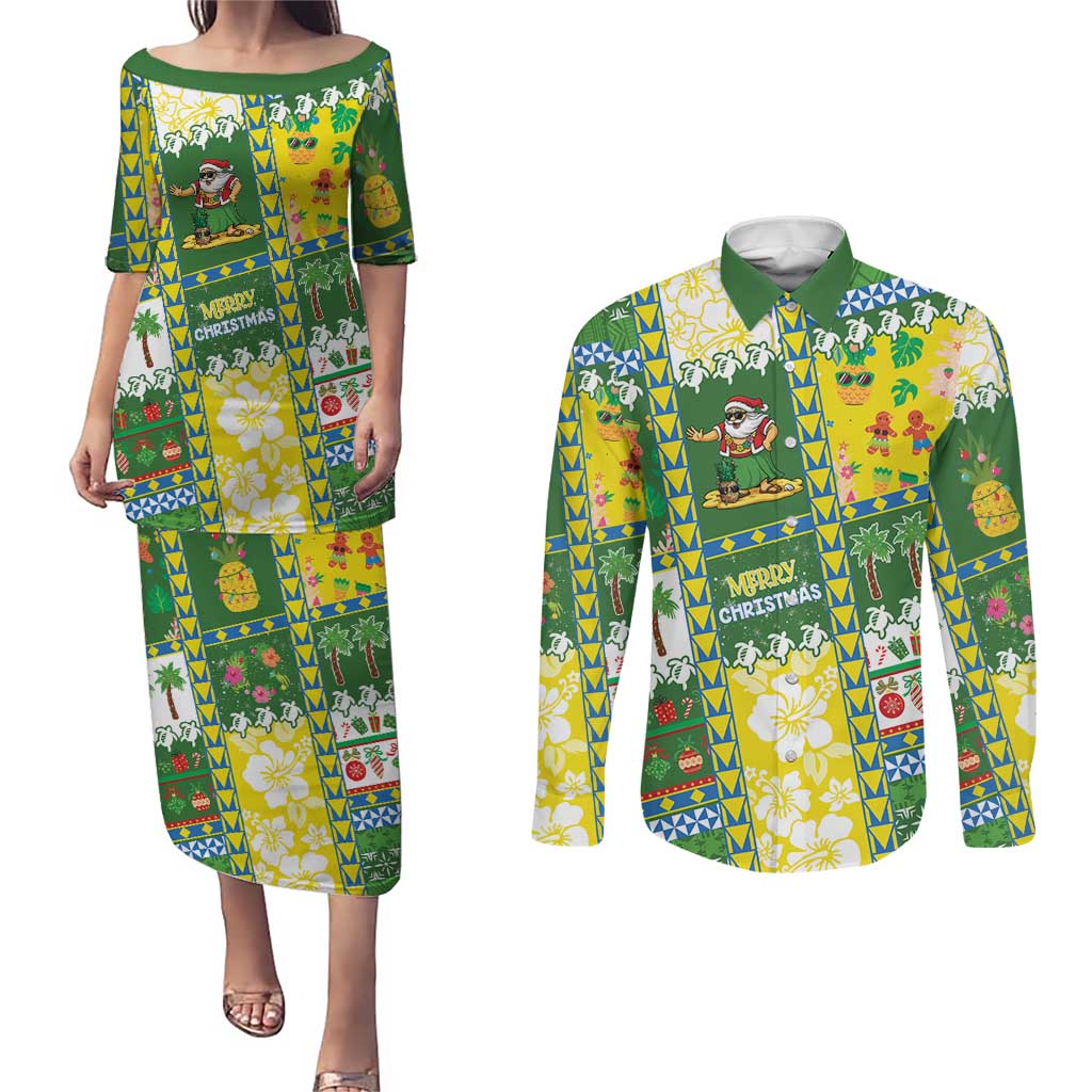 Pitcairn Islands Christmas Couples Matching Puletasi and Long Sleeve Button Shirt Festive Beach Vibes - Polynesian Pride