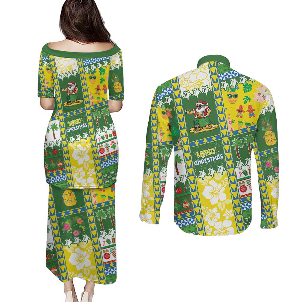 Pitcairn Islands Christmas Couples Matching Puletasi and Long Sleeve Button Shirt Festive Beach Vibes - Polynesian Pride