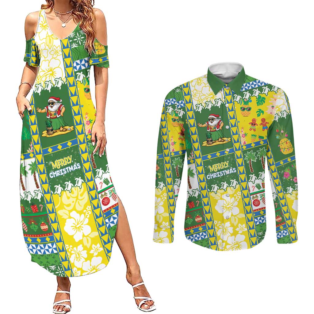 Pitcairn Islands Christmas Couples Matching Summer Maxi Dress and Long Sleeve Button Shirt Festive Beach Vibes - Polynesian Pride