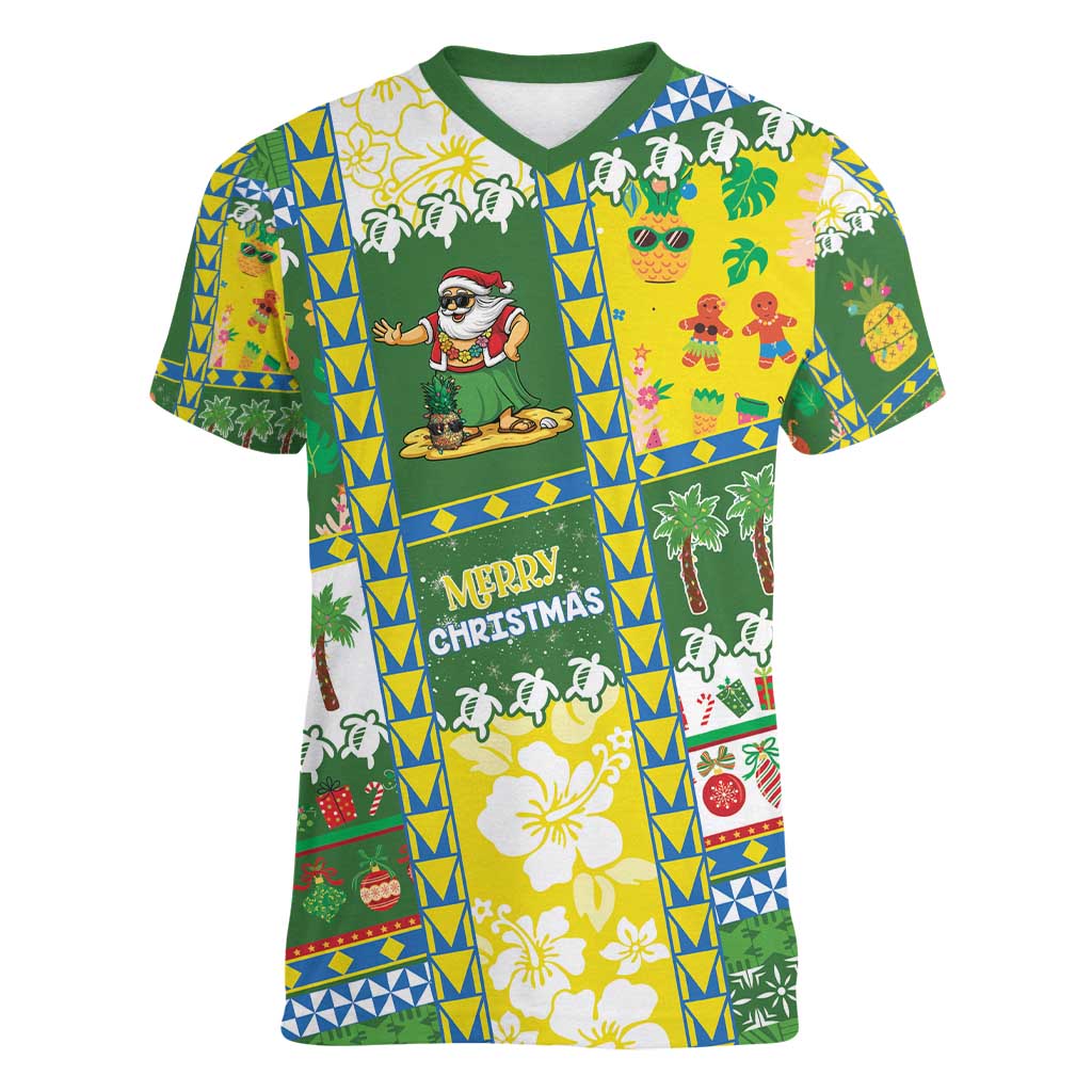 Pitcairn Islands Christmas Women V-Neck T-Shirt Festive Beach Vibes - Polynesian Pride