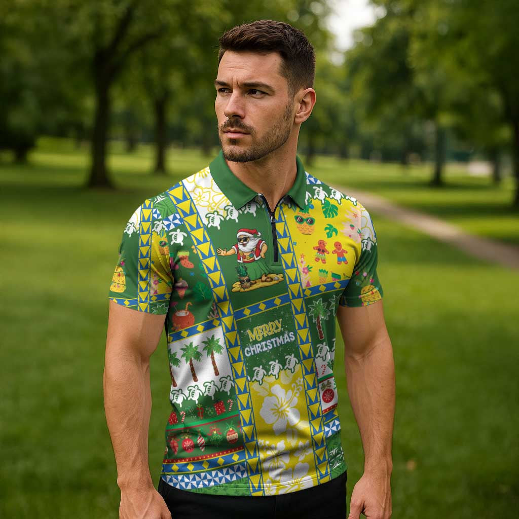 Pitcairn Islands Christmas Zipper Polo Shirt Festive Beach Vibes - Polynesian Pride