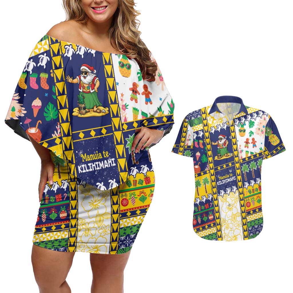 Tokelau Christmas Couples Matching Off Shoulder Short Dress and Hawaiian Shirt Festive Beach Vibes - Polynesian Pride