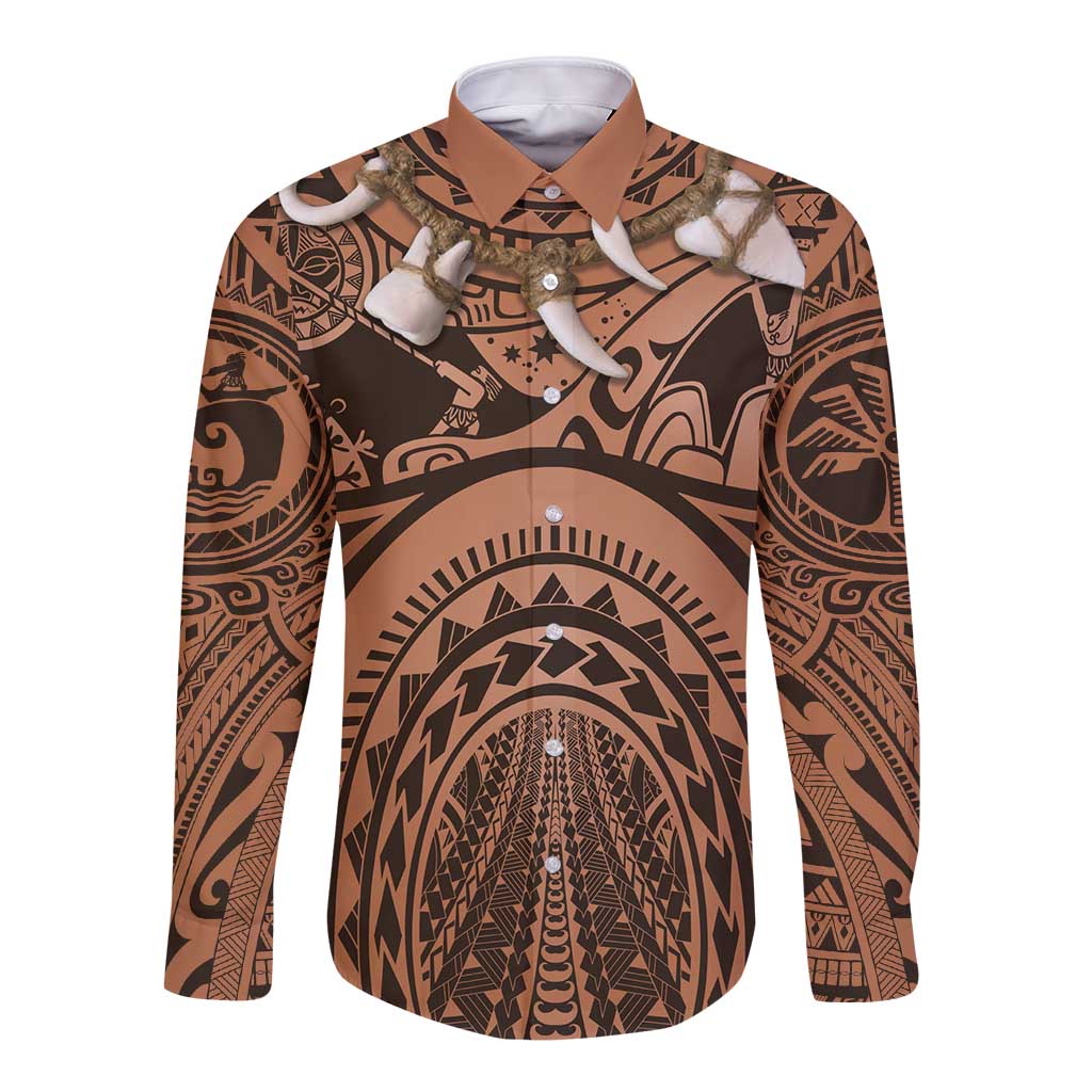 Polynesia Maui Tattoo Inspired Cosplay Costume Long Sleeve Button Shirt LT05 Unisex Beige - Polynesian Pride