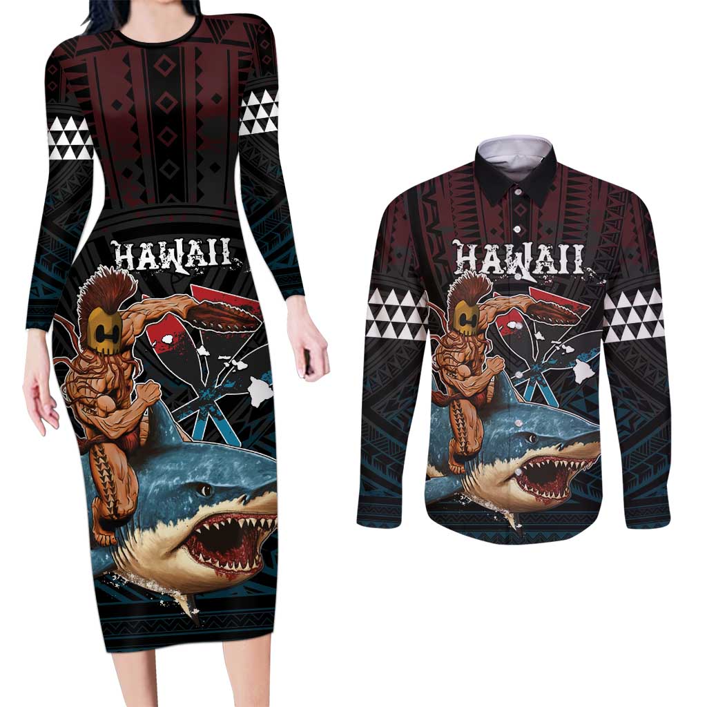 Hawaii Ikaika Couples Matching Long Sleeve Bodycon Dress and Long Sleeve Button Shirt Hawaiian Mythic Koa Tribal Warrior LT05 Black - Polynesian Pride
