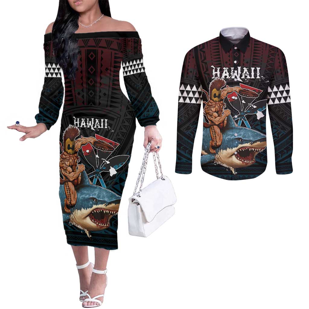 Hawaii Ikaika Couples Matching Off The Shoulder Long Sleeve Dress and Long Sleeve Button Shirt Hawaiian Mythic Koa Tribal Warrior LT05 Black - Polynesian Pride