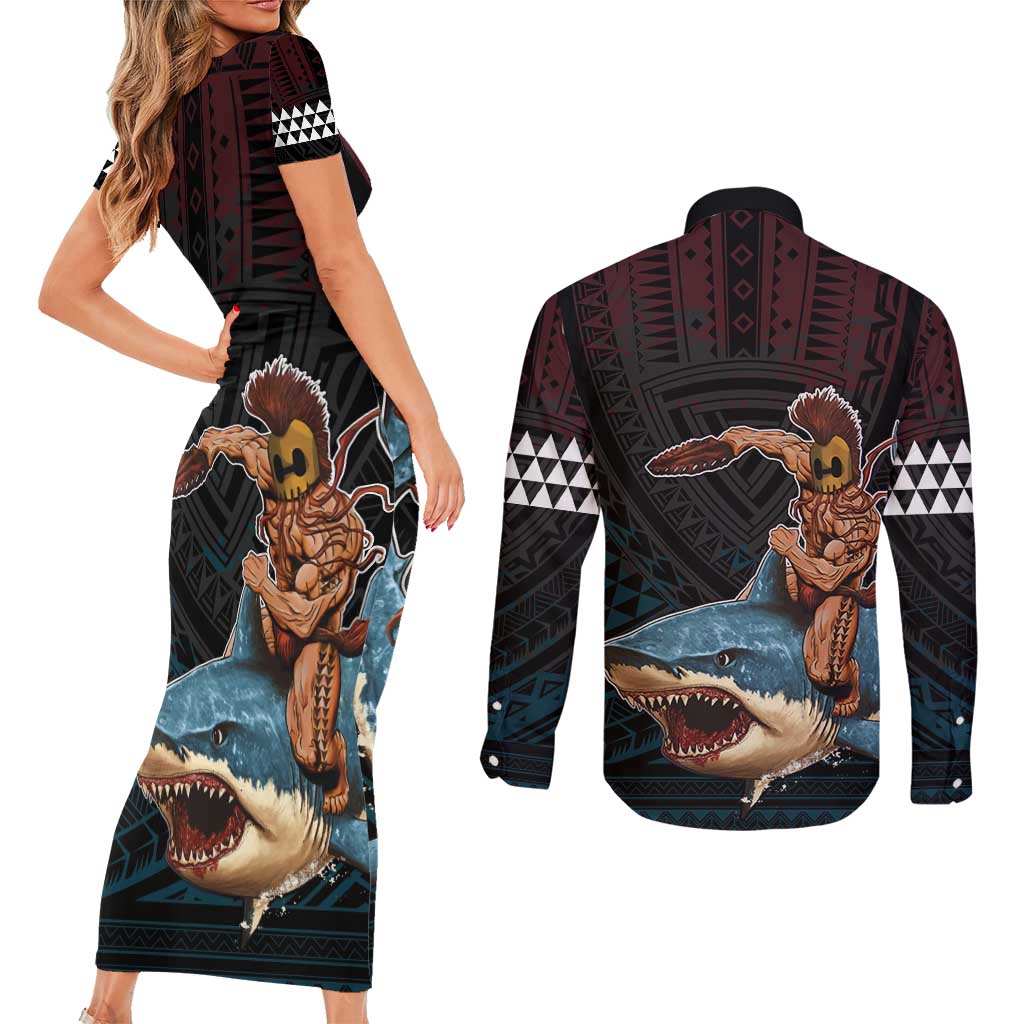 Hawaii Ikaika Couples Matching Short Sleeve Bodycon Dress and Long Sleeve Button Shirt Hawaiian Mythic Koa Tribal Warrior