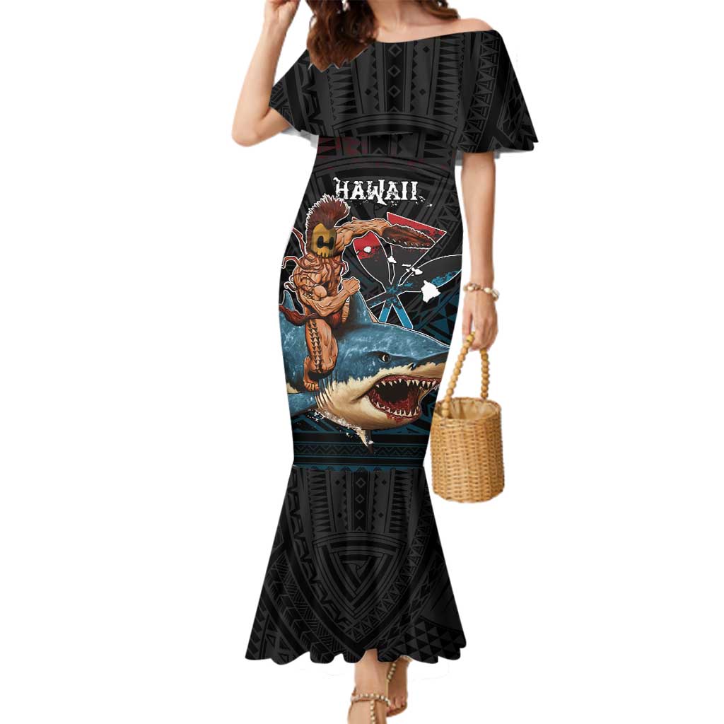 Hawaii Ikaika Family Matching Mermaid Dress and Hawaiian Shirt Hawaiian Mythic Koa Tribal Warrior LT05 Mom's Dress Black - Polynesian Pride